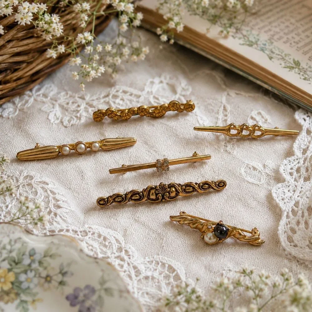 Vintage Gold Tone Bar Brooch Pin Lot of 6, Pearl Rhinestone Ornate Jewelry